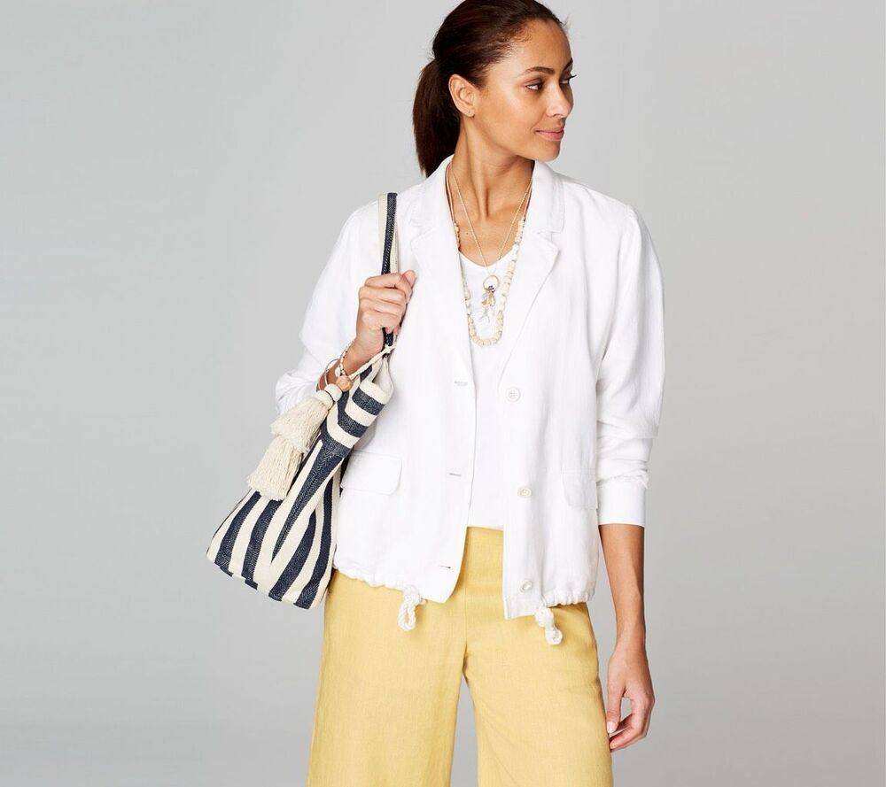 J. Jill Women's White Button Down Linen Blend Blazer Jacket size PM